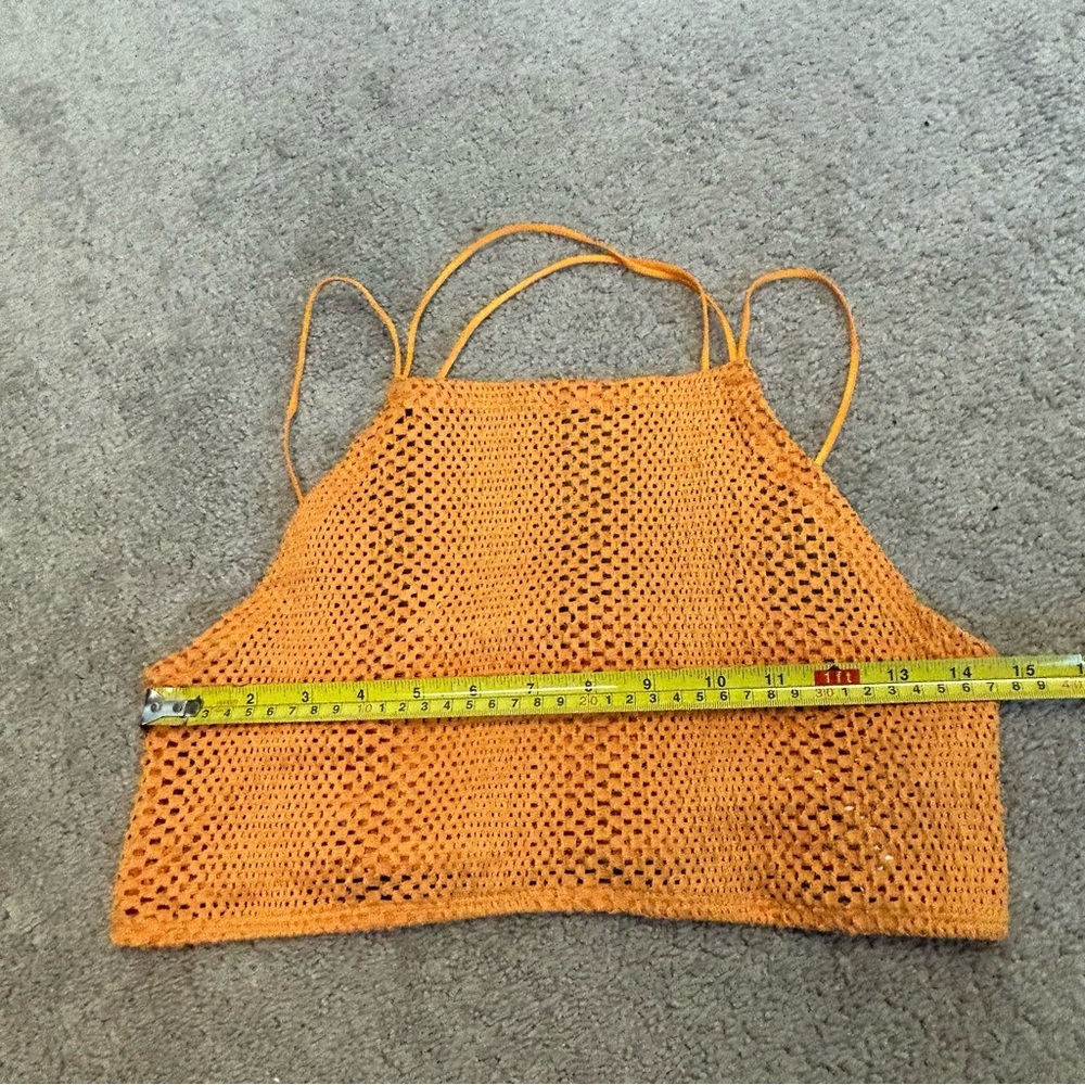 Zara orange perforated mesh knit stretchy halter top crop top strappy Sz M - Picture 6 of 11
